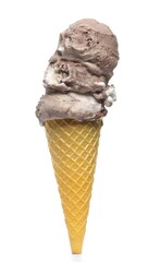 Chocolate and vanilla ice cream balls with yellow cone isolated on white background, clipping path