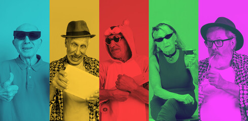 Collage of stylish senior men and women with bright facial expression on multicolored background....