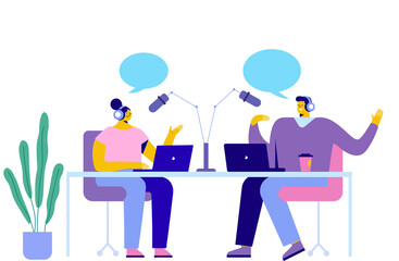 Bloggers podcaster streaming. Interview, podcast, Live streaming, broadcast, radio host flat vector illustration. Bloggers cartoon character.