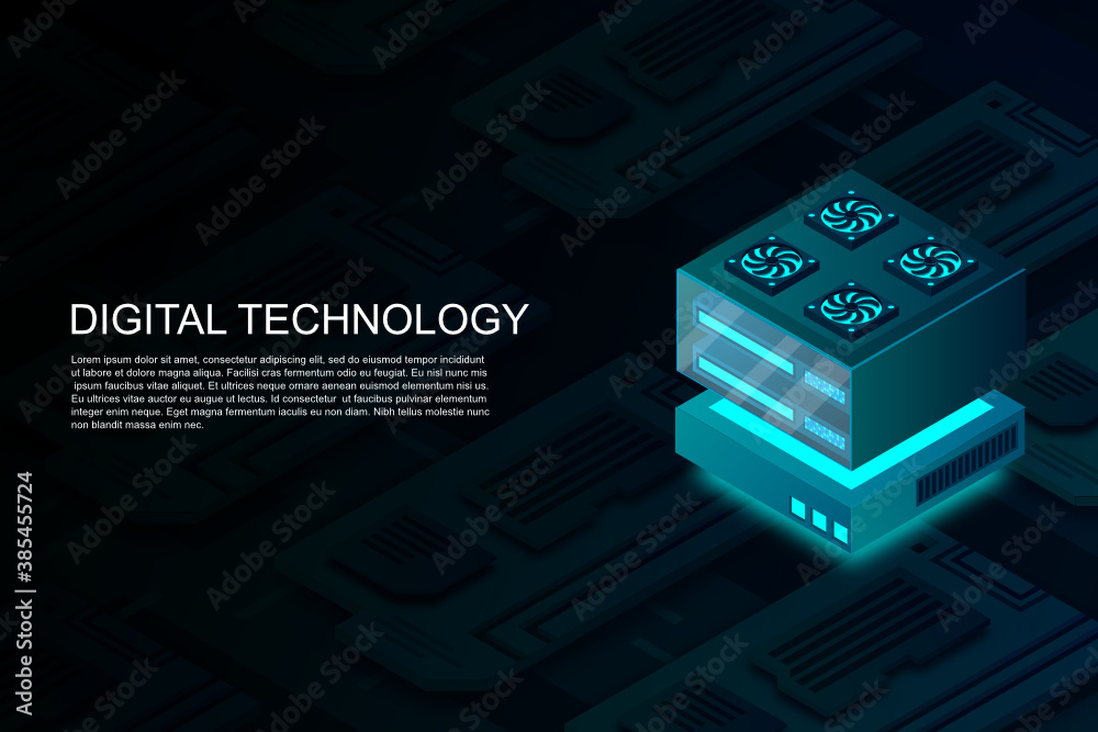 Poster concept of big data processing center, machine learning, cloud database, station of future, data min