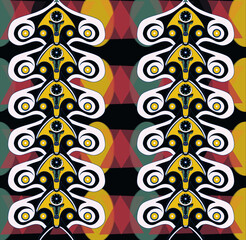 Red, yellow and black geometric and animal pattern