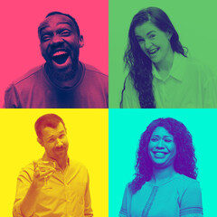 Collage of young people with bright facial expression on multicolored background. Trendy, modern duotone effect. Concept of human emotions. Copyspace for ad. People in halftones. Pop style. Popular