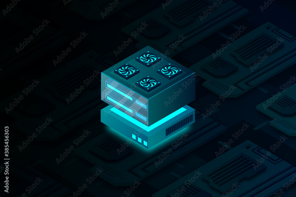 Poster concept of big data processing center, machine learning, cloud database, station of future, data min