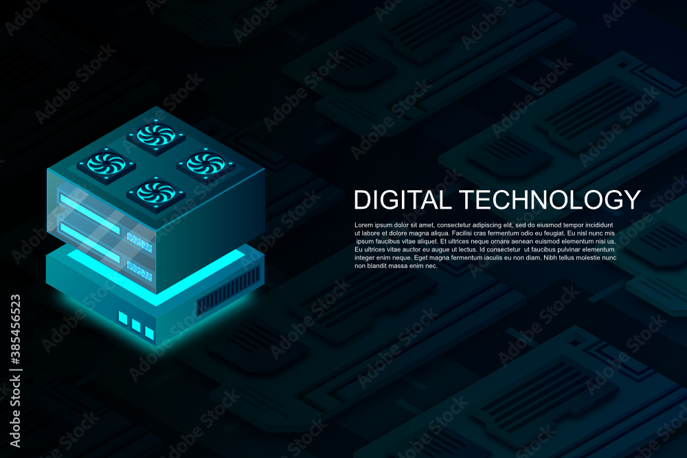 Poster concept of big data processing center, machine learning, cloud database, station of future, data min