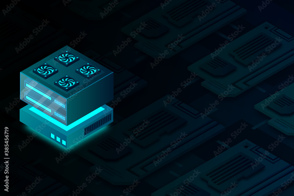 Poster concept of big data processing center, machine learning, cloud database, station of future, data min
