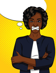 Color vector pop art comic style woman with sealed mouth. A beautiful dark-skinned woman in a suit cannot speak. African american woman standing with closed mouth on yellow halftone background