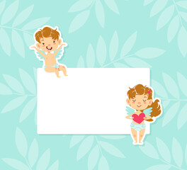 Cute Little Baby Angels with Blank Banner, Adorable Boy and Girl Cherubs in Heaven Cartoon Vector Illustration.