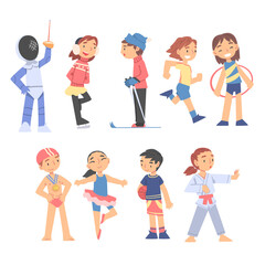 Children Playing Various Sports Set, Boys and Girls Fencing, Skating, Dancing, Swimming, Healthy Lifestyle Concept Cartoon Style Vector Illustration