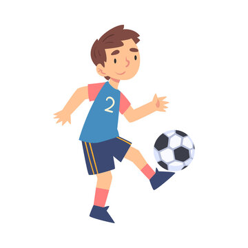 Cute Boy Playing Soccer, Kid Doing Sports, Healthy Lifestyle Concept Cartoon Style Vector Illustration