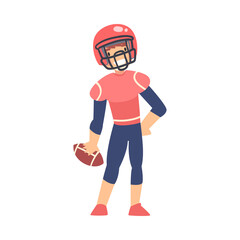 Boy American Football Player in Sports Uniform, Kid Doing Rugby Sports, Healthy Lifestyle Concept Cartoon Style Vector Illustration
