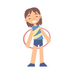Girl Spinning Hula Hoop around her Waist, Kid Doing Sports, Healthy Lifestyle Concept Cartoon Style Vector Illustration