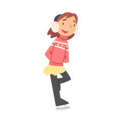 Cute Girl Wearing Skating on Rink Wearing Warm Clothes, Kid Doing Sports, Healthy Lifestyle Concept Cartoon Style Vector Illustration