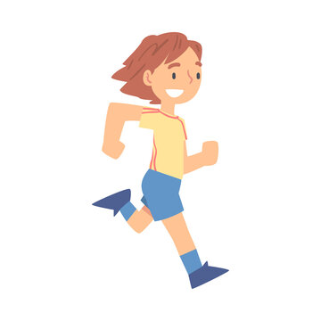 Running Girl Character, Kid Doing Sports, Healthy Lifestyle Concept Cartoon Style Vector Illustration