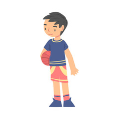 Fototapeta na wymiar Boy Playing with Ball, Kid Doing Sports, Healthy Lifestyle Concept Cartoon Style Vector Illustration