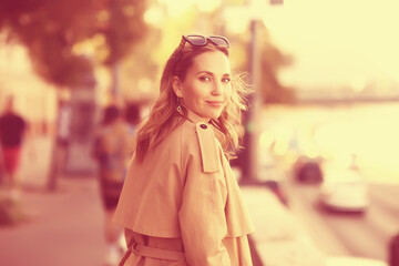 happy woman in autumn look, young girl outside in autumn mood