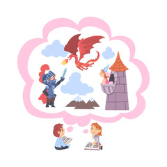 Fototapeta premium Children Reading Fairy Tail Fantasy Books about Knight and Dragon, Kids Imagination Concept, Fairy Tales, Stories, Discoveries Cartoon Style Vector Illustration