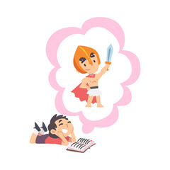 Boy Reading Fairy Tail Fantasy Book about Brave Warrior Kids Imagination Concept, Fairy Tales, Stories, Discoveries Cartoon Style Vector Illustration