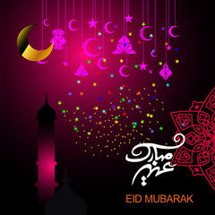 Eid Mubarak with Arabic calligraphy for the celebration of Muslim community festival.