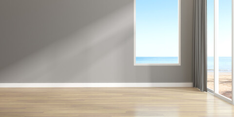 3d render of empty room with wooden floor and large plain wall on sea background.