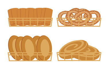 Bakery products in baskets. Buns and pies. Isolated on a white background. Vector illustration.