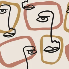 Foto op Plexiglas Lijnkunst Modeportret met één lijn, naadloos patroon met handgetekende vrouwengezichten, eigentijds portret, ononderbroken lijngezicht met abstracte vormen
