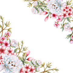 Fototapeta premium Hand painted watercolor vintage ancient illustration asian foliage peach plum cherry blossom peony flower leaves plants wreath frame banner