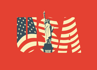 USA letters in the colors of the American flag with the Statue of Liberty on a red background. Vector banner, poster, flyer, t-shirt design, greeting card or design element in flat style © paseven