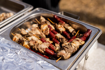A set of meat at a banquet on white table