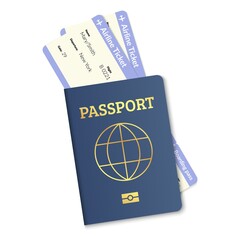 International passport with plane tickets. Realistic vector travel document. Air travel concept