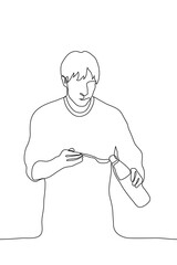 man holds a bottle from which he pours some kind of liquid into a spoon. one line drawing concept of a man who prepares by spoon measuring vinegar
