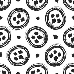 Black circles and dots isolated on white background. Monochrome seamless pattern. Ink sketch drawing. Vector flat graphic hand drawn illustration. Texture.