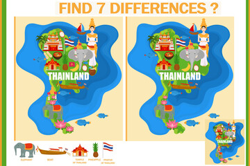 Find the difference on the map of Thailand. National symbols of Thailand and traditional temples. Children's game.