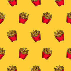 Vector pattern of French fries on a yellow background. Drawn by hand. Fast food. Menu.