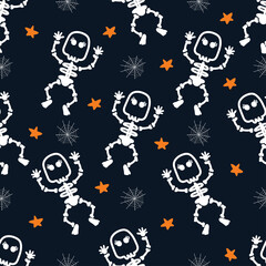 Vector Halloween pattern. white icons of skull, spider web, star. Design elements for halloween party poster. Flat cartoon illustration. Objects isolated.