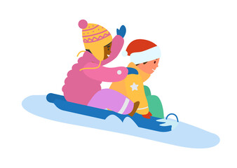 Boy And Girl Riding Snow Slide. Winter Activities. Flat Vector Illustration. Isolated On White.