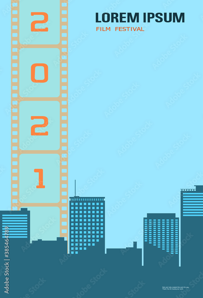 Wall mural cinema movie festival poster. film strip frame on futuristic cityscape background. cinema background