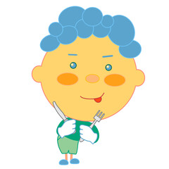 emoji with drooling hungry guy that is ready to eat & sticking his tongue out with fork and knife in his hands, simple colored emoticon on white isolated background