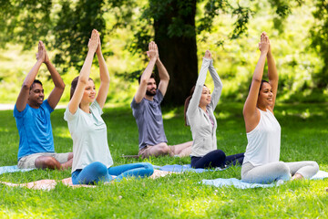 fitness, sport and healthy lifestyle concept - group of happy people doing yoga at summer park