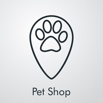 Tienda de mascotas. Logotipo lineal pisada de perro en puntero en fondo gris