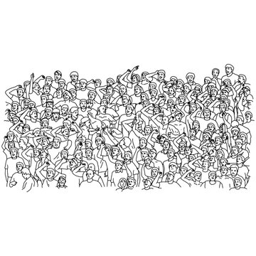 Crowd Sport Fans Cheering Their Team On Stadium Vector Illustration Sketch Doodle Hand Drawn With Black Lines Isolated On White Background