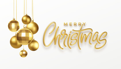 Christmas party calligraphy lettering greeting card with golden metallic christmas decorations isolated on white background. Vector illustration