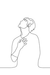 man stands with his face raised to the sky and his hand to his chest. one line drawing concept of supplication, fatigue, overabundance of feelings