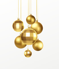 Set of golden realistic christmas decorations isolated on white background. Vector illustration