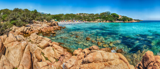 The scenic Capriccioli beach in Costa Smeralda, Sardinia, Italy - obrazy, fototapety, plakaty