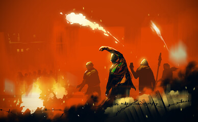 Digital illustration painting design style People's insurgents, against ruined city.