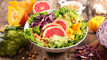 buddha bowl- vegetable salad with chickpea, lettuce, cabbage, pumpkin