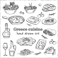 Greece cuisine set with food and drink hand drawn doodles. Vector illustration