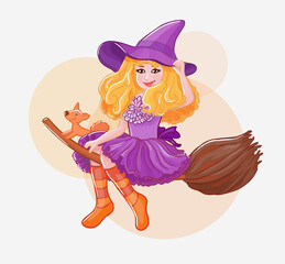 Little witch on broom in purple hat with funny fox flying.