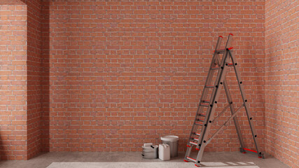 Interior of a new house under construction, home renovation, red brick walls, ladder and paint cans, concrete flooring, architecture engineering concept background idea mock-up © ArchiVIZ