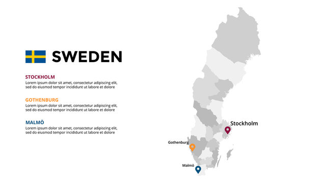 Sweden vector map infographic template. Slide presentation. Stockholm, Gothenburg, Malmo. Global business marketing concept. Color Europe country. 